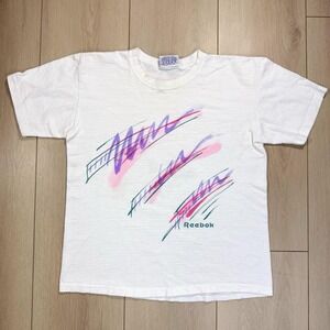 VTG 80s Reebok USA Single Stitch TShirt M Abstract Brushstroke Graphic White Tee